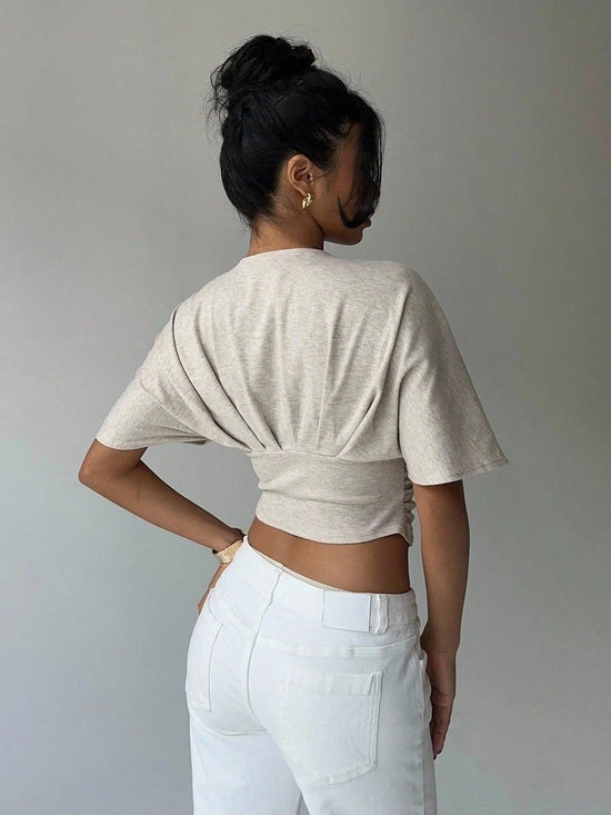 Women’s Deep V-Neck Pleated T-Shirt – Slim Fit Short Sleeve Top women-tshirt AllTrendMart