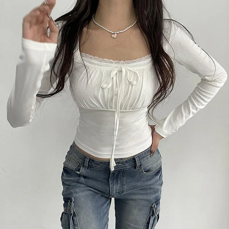 Women’s Square Neck Crop Top – Y2K Fairycore Long Sleeve Slim Fit Tee women-tshirt AllTrendMart