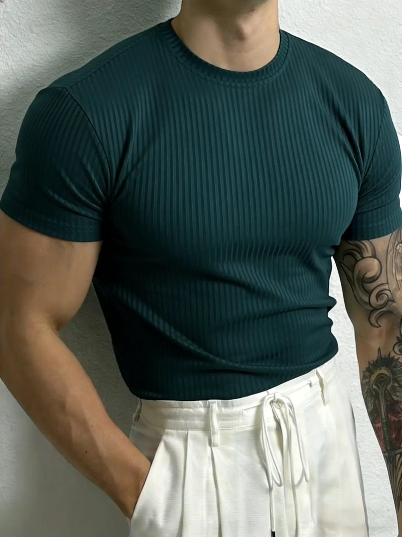 Men’s Stripe Fitness T-Shirt – Breathable High Collar Sport Tee men-tshirt AllTrendMart