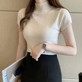 Women Half High Neck T-Shirt – Slim Fit Casual Elegant Top women-tshirt AllTrendMart Beige One Size