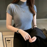 Women Half High Neck T-Shirt – Slim Fit Casual Elegant Top women-tshirt AllTrendMart Grey One Size