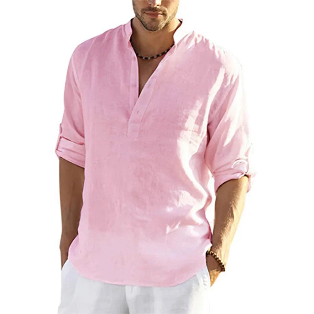 Men’s Cotton Linen T-Shirt – Casual Loose Long Sleeve Stand Collar Top men-tshirt AllTrendMart