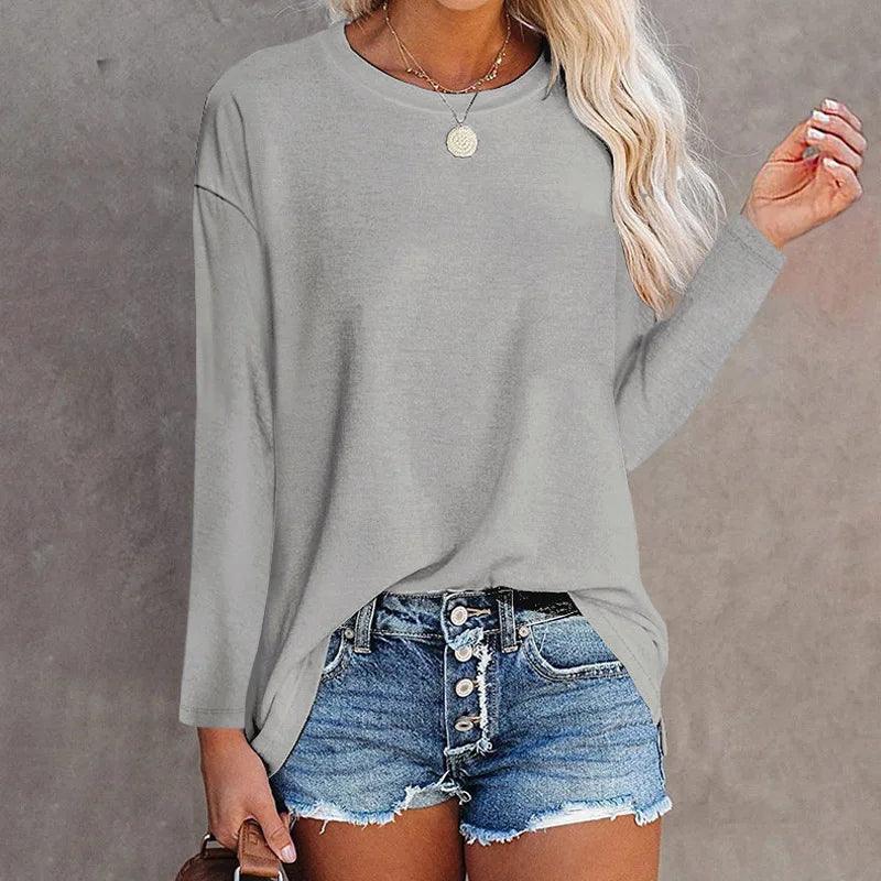 Women’s Cotton Long Sleeve T-Shirt – Casual Loose Fit Basic Tee women-tshirt AllTrendMart Grey S