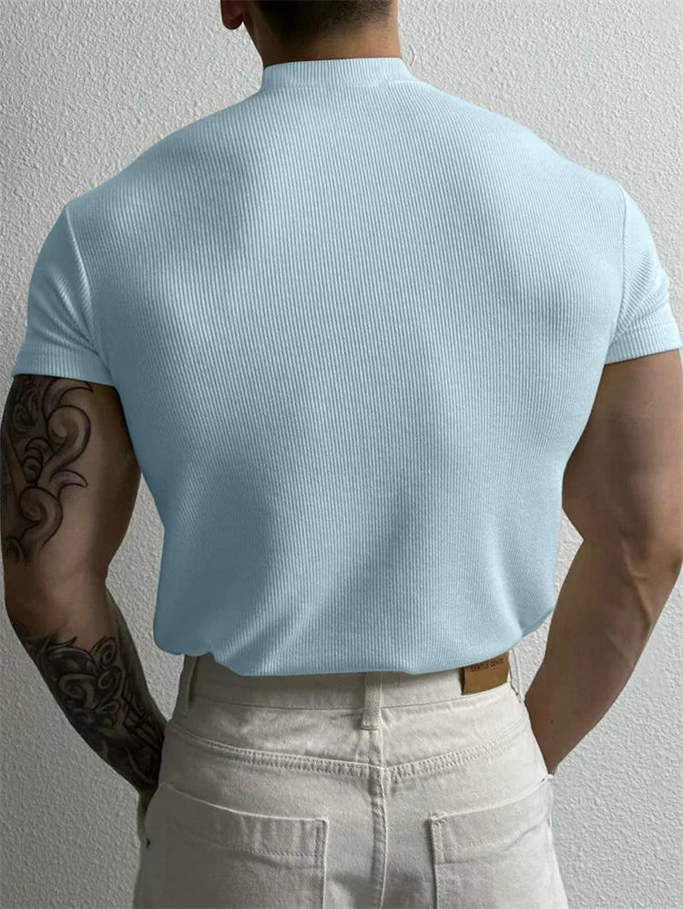 Men’s Striped Short Sleeve T-Shirt – High Collar Casual Fitness Top men-tshirt AllTrendMart