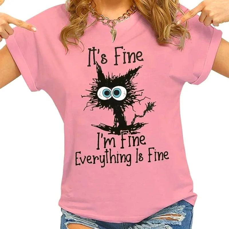 Women’s Graphic T-Shirt – “It’s Fine I’m Fine” Cat Print Casual Tee women-tshirt AllTrendMart