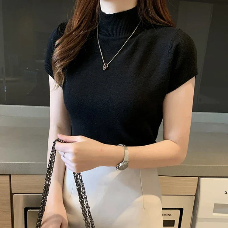 Women Half High Neck T-Shirt – Slim Fit Casual Elegant Top women-tshirt AllTrendMart Black One Size