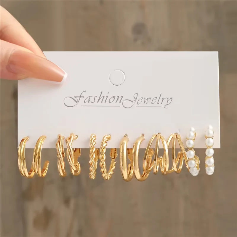 Bohemian Pearl & Gold Hoop Earrings Set