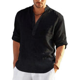 Men’s Cotton Linen T-Shirt – Casual Loose Long Sleeve Stand Collar Top men-tshirt AllTrendMart Black US S 50-60 KG