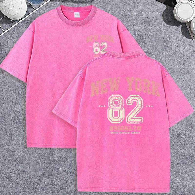 Unisex Vintage Washed T-Shirt – New York 82 Graphic Cotton Loose Fit Tee unisex-tshirt AllTrendMart Rose Red XS