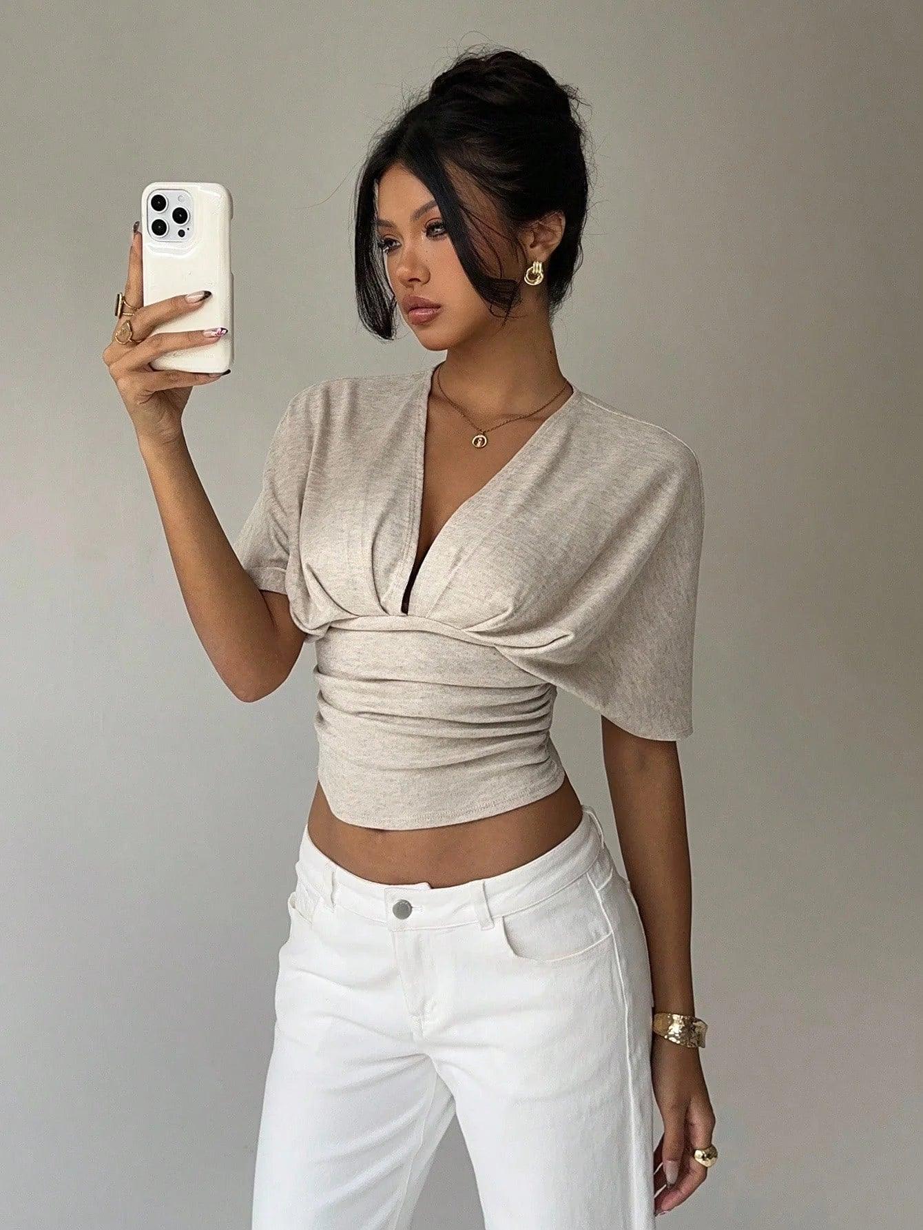 Women’s Deep V-Neck Pleated T-Shirt – Slim Fit Short Sleeve Top women-tshirt AllTrendMart