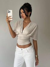 Women’s Deep V-Neck Pleated T-Shirt – Slim Fit Short Sleeve Top women-tshirt AllTrendMart