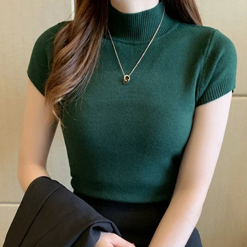 Women Half High Neck T-Shirt – Slim Fit Casual Elegant Top women-tshirt AllTrendMart Blackish Green One Size