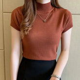 Women Half High Neck T-Shirt – Slim Fit Casual Elegant Top women-tshirt AllTrendMart Brown One Size