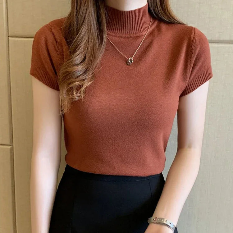 Women Half High Neck T-Shirt – Slim Fit Casual Elegant Top women-tshirt AllTrendMart Brown One Size