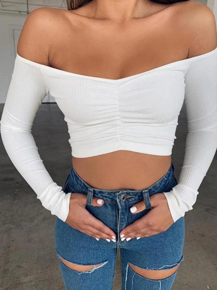 Women’s Off Shoulder Long Sleeve T-Shirt – Slim Fit Clubwear Top women-tshirt AllTrendMart White S