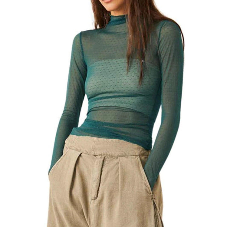 Women’s Sheer Mesh Turtleneck Top – Slim Fit Long Sleeve Clubwear women-tshirt AllTrendMart Turquoise S