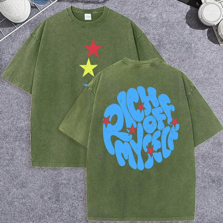 Unisex Vintage Washed T-Shirt – “Rich Off Myself” Graphic Cotton Loose Fit Tee unisex-tshirt AllTrendMart Dark Green XS