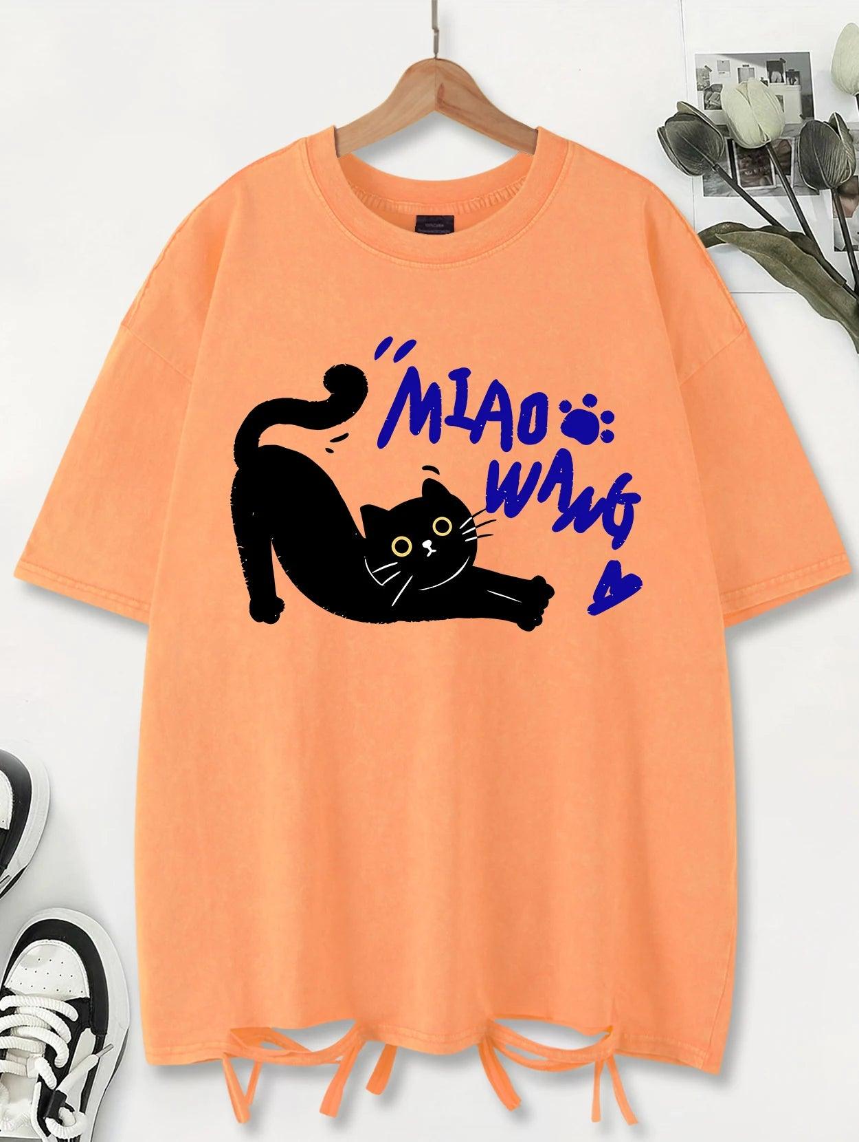 Unisex Vintage Washed T-Shirt – Black Cat Graphic Cotton Loose Fit Tee unisex-tshirt AllTrendMart Orange XS