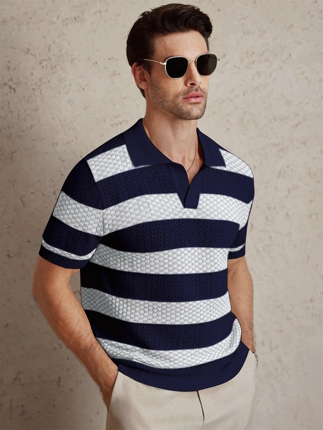 Men’s Knit Polo T-Shirt – Contrast Color Short Sleeve Casual Top men-tshirt AllTrendMart Blue S