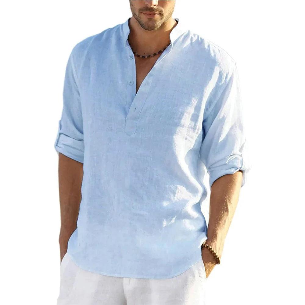 Men’s Cotton Linen T-Shirt – Casual Loose Long Sleeve Stand Collar Top men-tshirt AllTrendMart