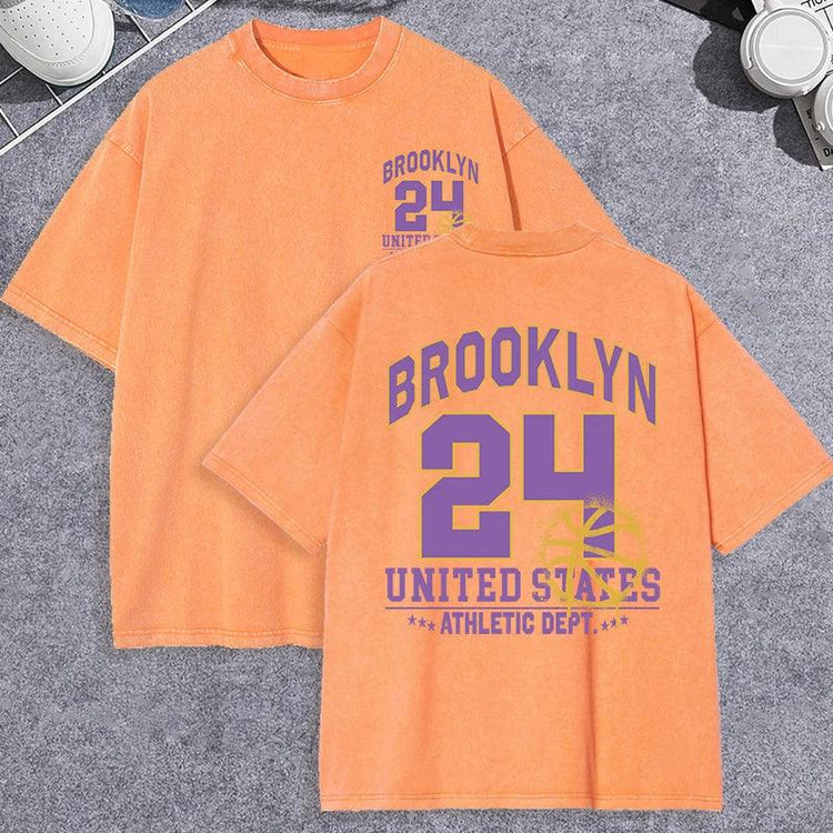 Unisex Vintage Washed T-Shirt – Brooklyn 24 Graphic Cotton Loose Fit Tee unisex-tshirt AllTrendMart Orange XS
