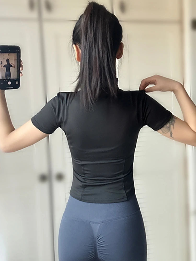 Women’s Zip-Up Workout T-Shirt – Slim Fit Quick-Dry Short Sleeve Gym Top women-tshirt AllTrendMart