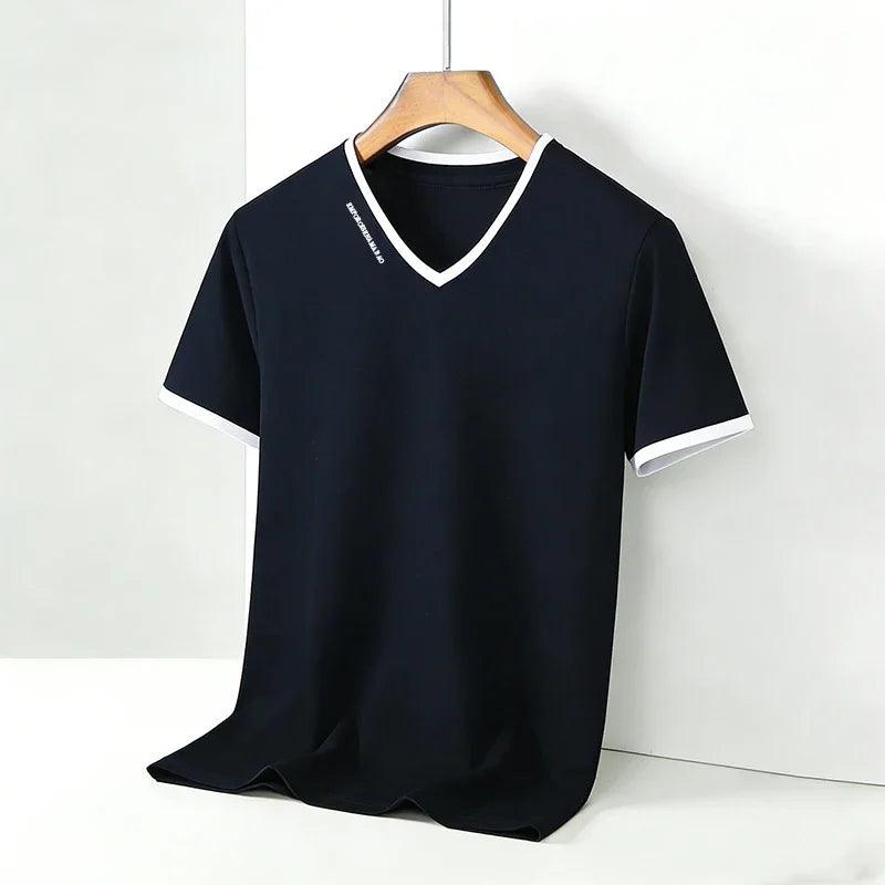 Men’s V-Neck Contrast Trim T-Shirt – Slim Fit Casual Summer Tee men-tshirt AllTrendMart Navy Blue M