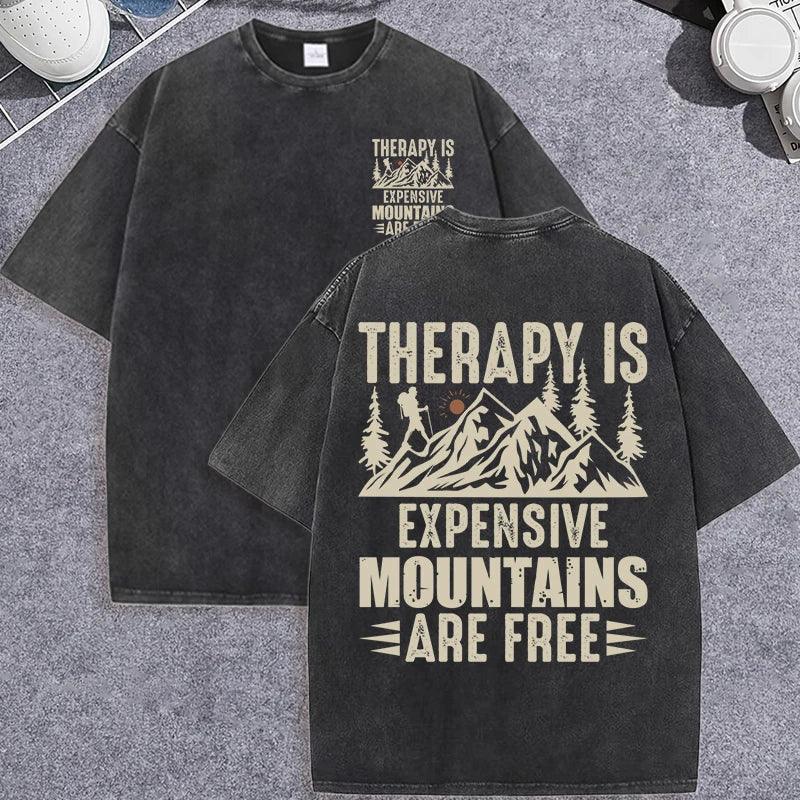 Unisex Vintage Washed T-Shirt – Mountain Graphic “Therapy Is Expensive” Cotton Tee unisex-tshirt AllTrendMart Black XS