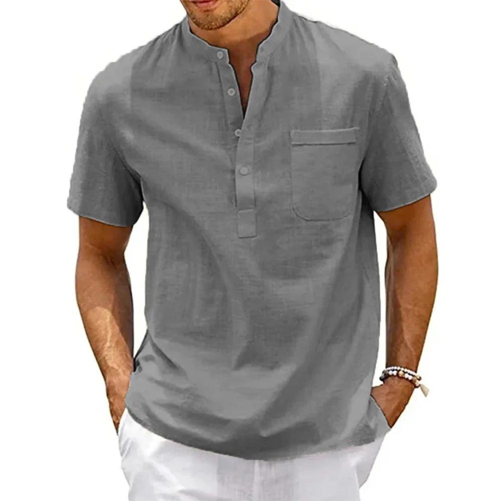 Men’s Cotton Linen Henley Shirt – Short Sleeve Casual Summer Top men-tshirt AllTrendMart Gray US S 50-60 KG