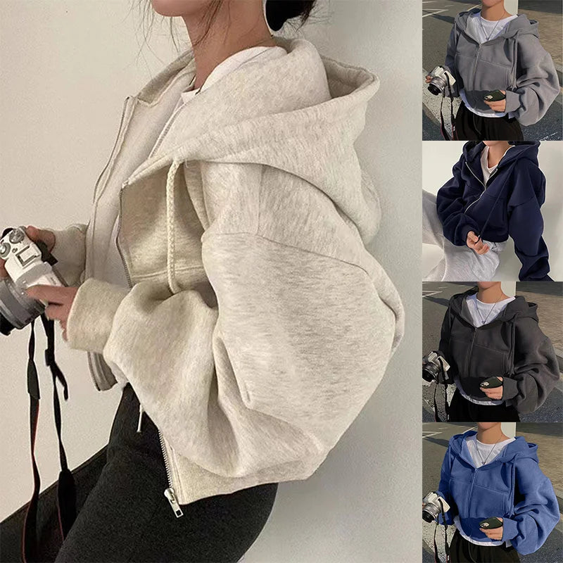 Women’s Autumn Winter Hooded Zip-Up Hoodie – Streetwear Style