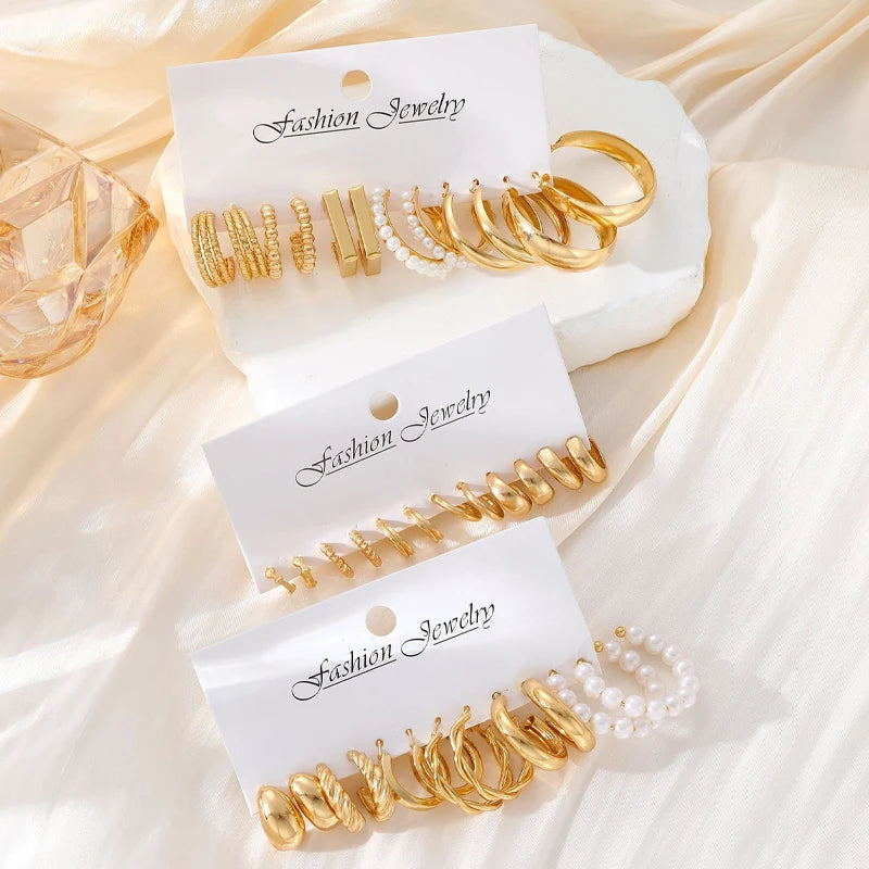 Bohemian Pearl & Gold Hoop Earrings Set