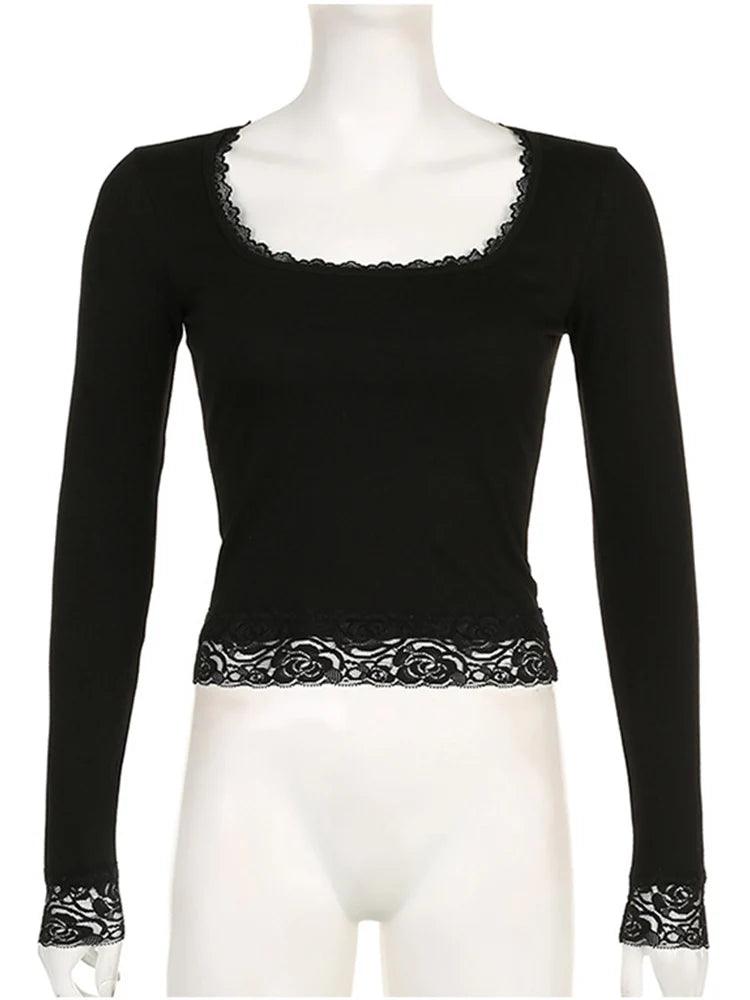 Women’s Y2K Lace Trim Long Sleeve T-Shirt – Slim Fit Vintage Crop Top women-tshirt AllTrendMart