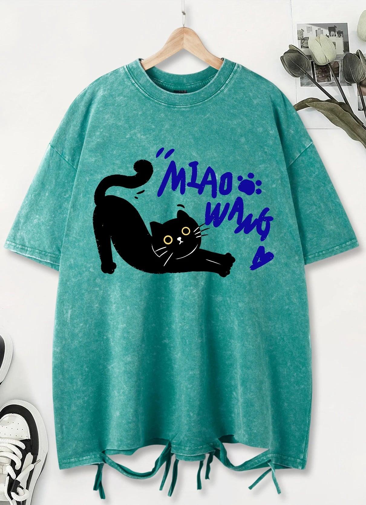 Unisex Vintage Washed T-Shirt – Black Cat Graphic Cotton Loose Fit Tee unisex-tshirt AllTrendMart Green XS
