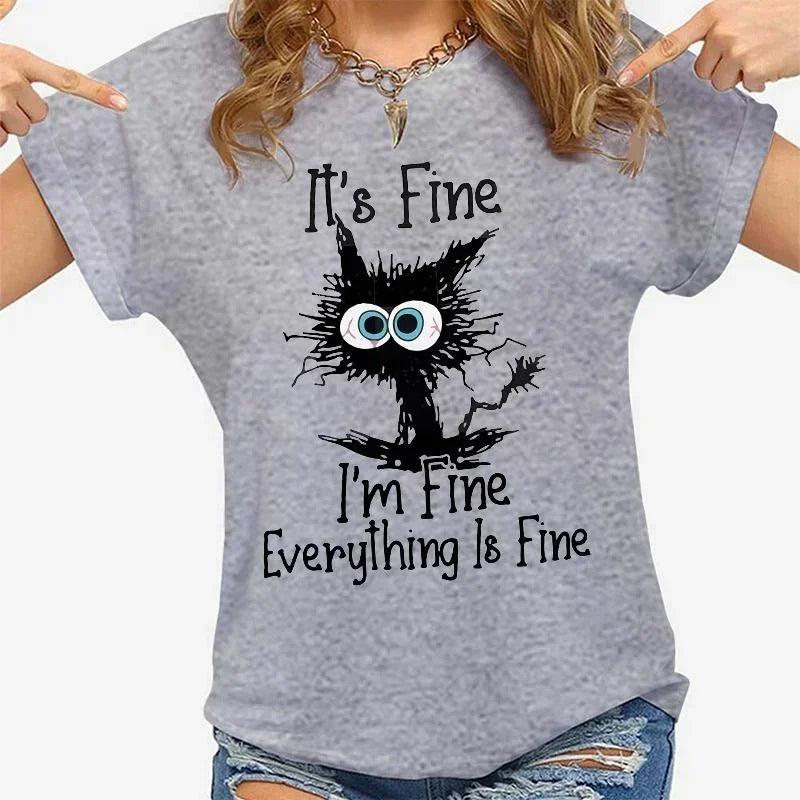 Women’s Graphic T-Shirt – “It’s Fine I’m Fine” Cat Print Casual Tee women-tshirt AllTrendMart