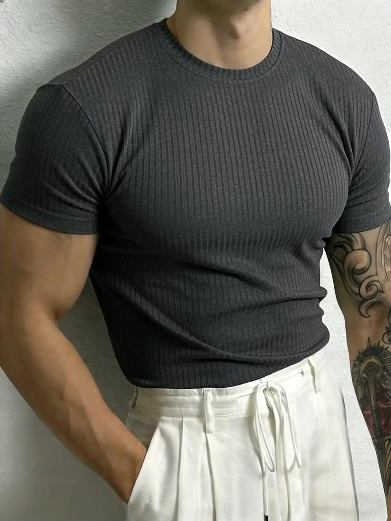 Men’s Stripe Fitness T-Shirt – Breathable High Collar Sport Tee men-tshirt AllTrendMart