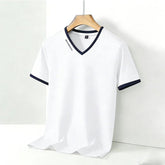 Men’s V-Neck Contrast Trim T-Shirt – Slim Fit Casual Summer Tee men-tshirt AllTrendMart White M
