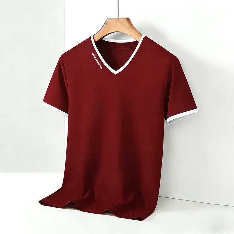 Men’s V-Neck Contrast Trim T-Shirt – Slim Fit Casual Summer Tee men-tshirt AllTrendMart Red M