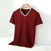 Men’s V-Neck Contrast Trim T-Shirt – Slim Fit Casual Summer Tee men-tshirt AllTrendMart Red M
