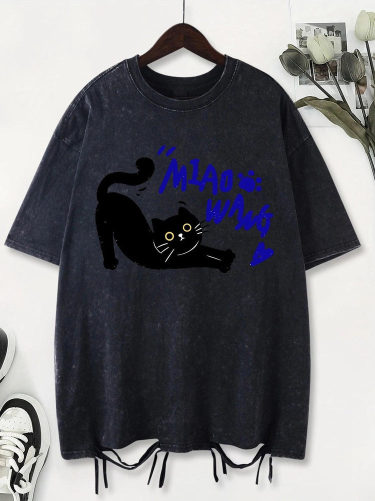 Unisex Vintage Washed T-Shirt – Black Cat Graphic Cotton Loose Fit Tee unisex-tshirt AllTrendMart Black XS