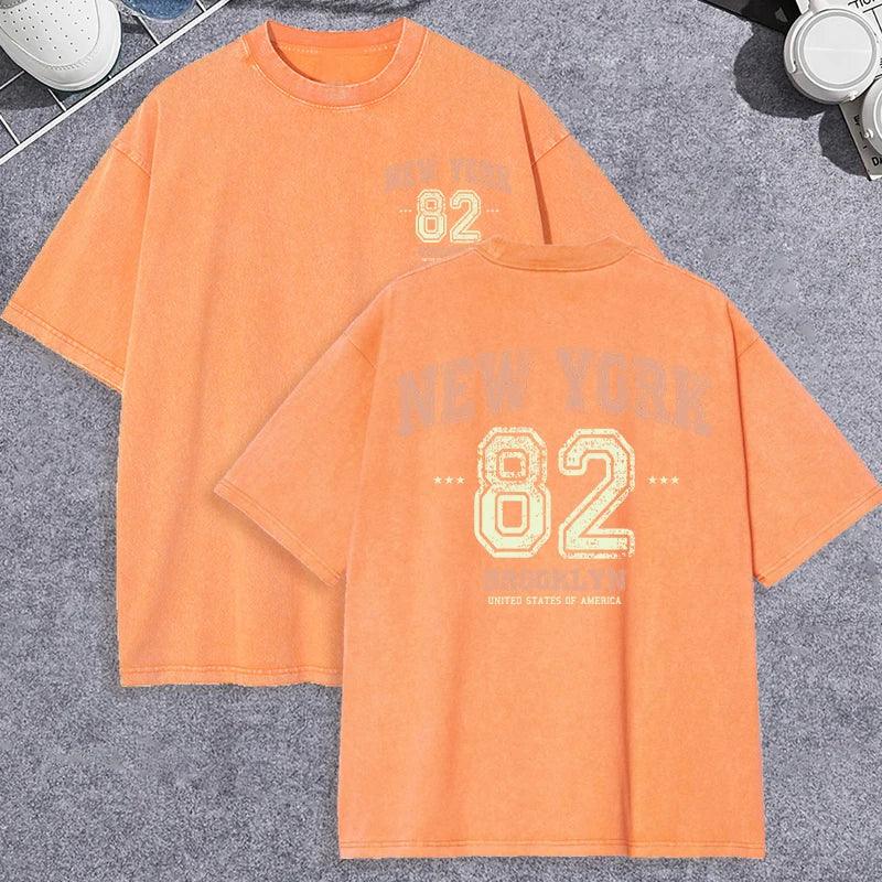 Unisex Vintage Washed T-Shirt – New York 82 Graphic Cotton Loose Fit Tee unisex-tshirt AllTrendMart Orange XS