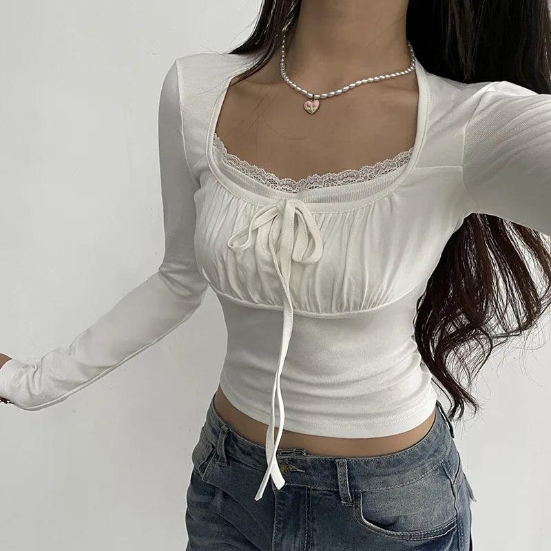 Women’s Square Neck Crop Top – Y2K Fairycore Long Sleeve Slim Fit Tee women-tshirt AllTrendMart