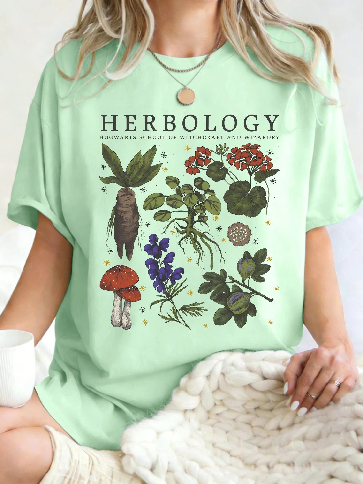 Women’s Herbology Graphic Cotton T-Shirt – Vintage Botanical Casual Tee women-tshirt AllTrendMart Water Green S