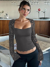 Women’s Sheer Lace Floral Crop T-Shirt – Square Neck Long Sleeve Party Top women-tshirt AllTrendMart Dark Grey XXL