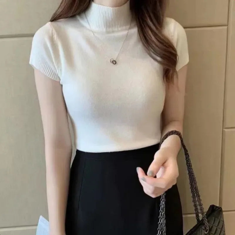 Women Half High Neck T-Shirt – Slim Fit Casual Elegant Top women-tshirt AllTrendMart White One Size