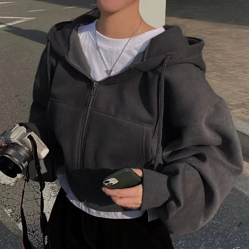 Women’s Autumn Winter Hooded Zip-Up Hoodie – Streetwear Style