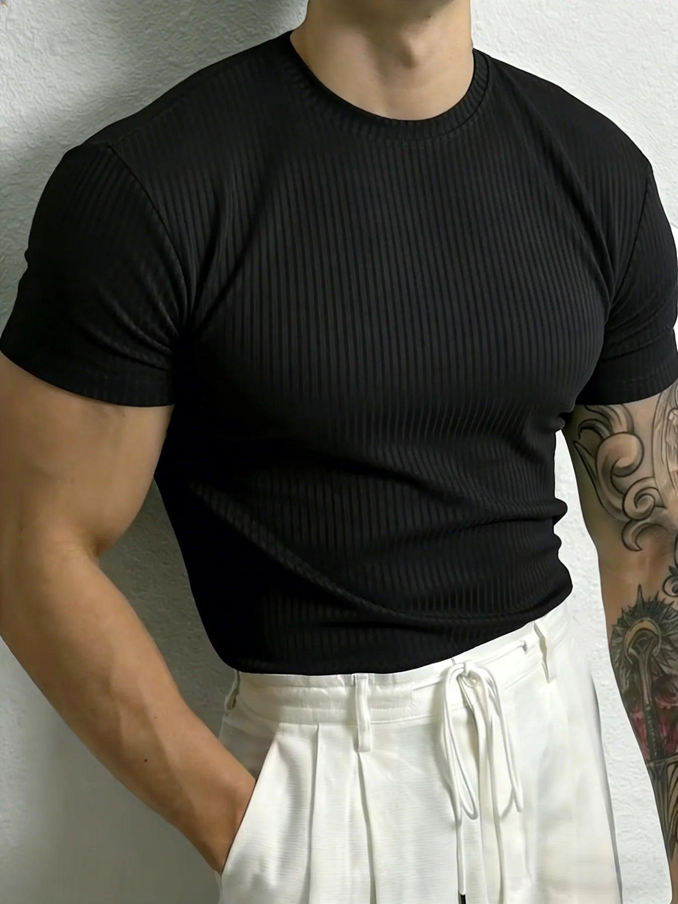 Men’s Stripe Fitness T-Shirt – Breathable High Collar Sport Tee men-tshirt AllTrendMart