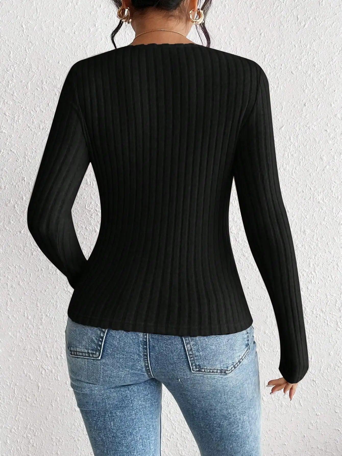 Women’s Knit Long Sleeve T-Shirt – Soft Casual Top with Decorative Collar women-tshirt AllTrendMart