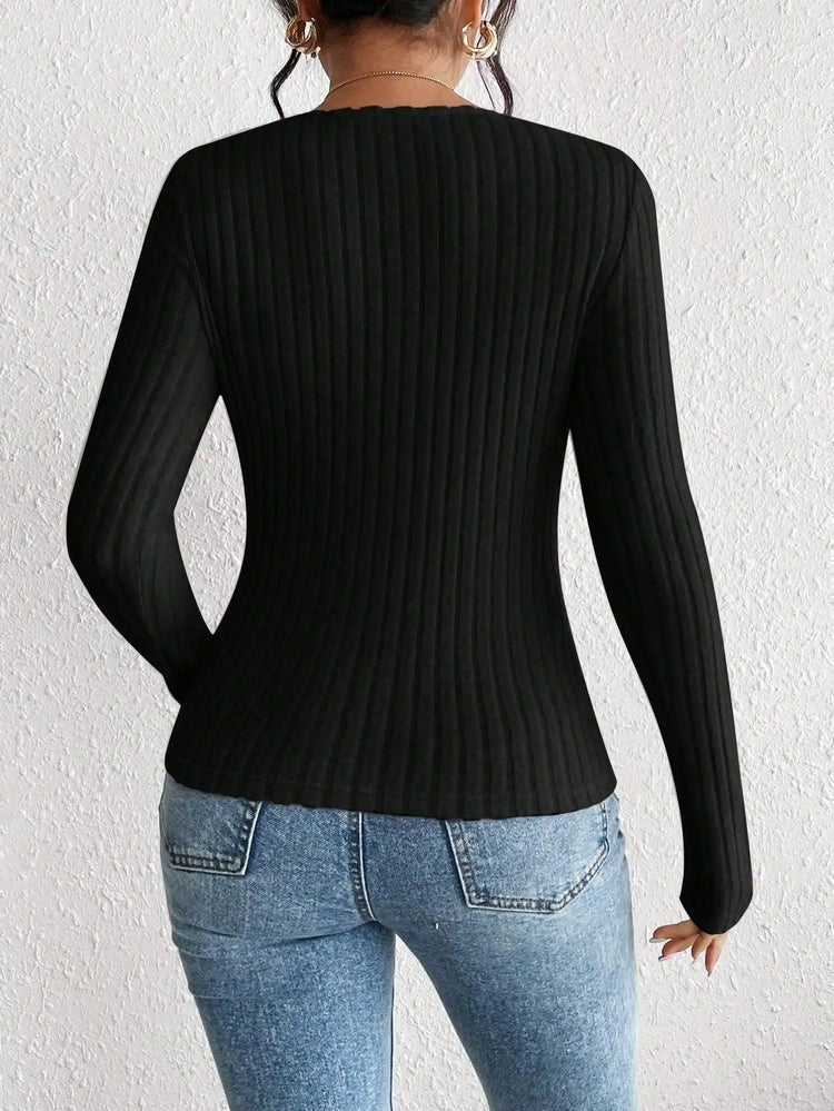 Women’s Knit Long Sleeve T-Shirt – Soft Casual Top with Decorative Collar women-tshirt AllTrendMart