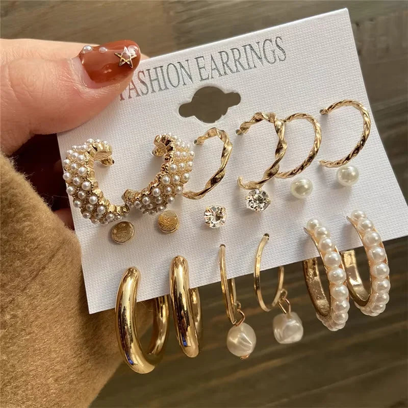 Bohemian Pearl & Gold Hoop Earrings Set