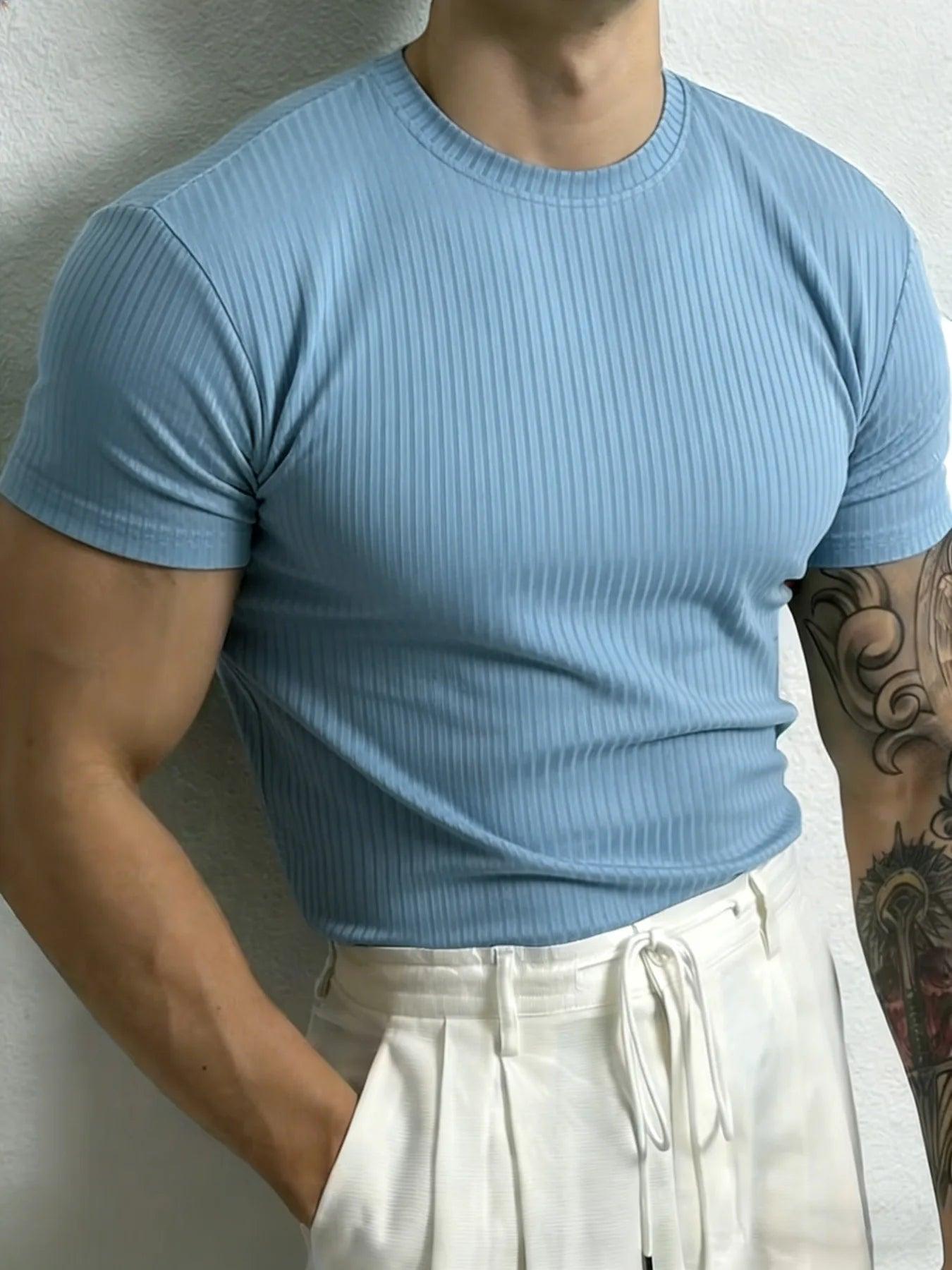 Men’s Stripe Fitness T-Shirt – Breathable High Collar Sport Tee men-tshirt AllTrendMart